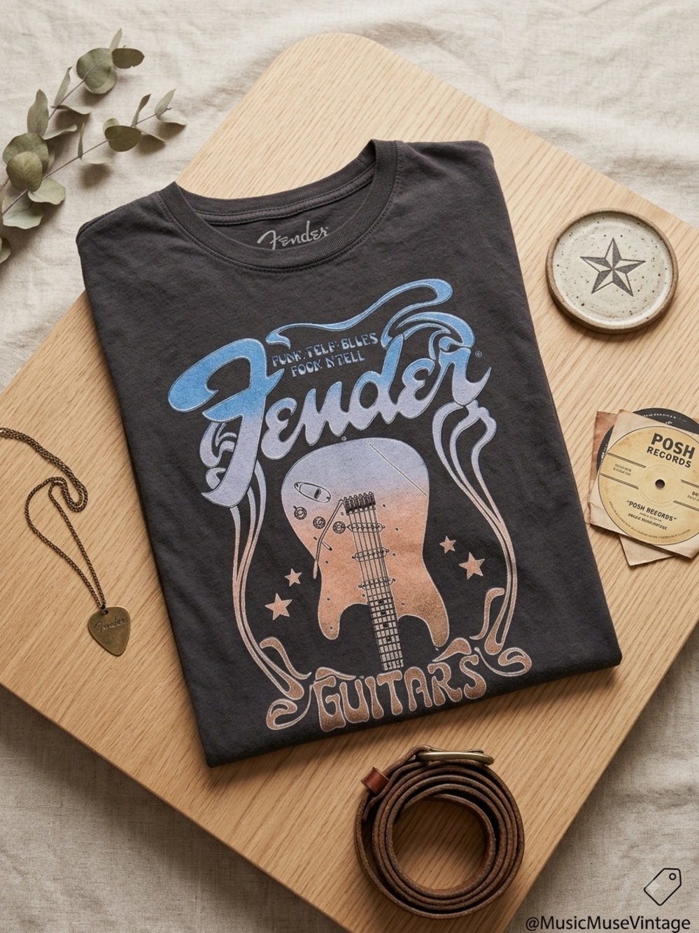 Fender Black Tee with Blue and Peach Graphic